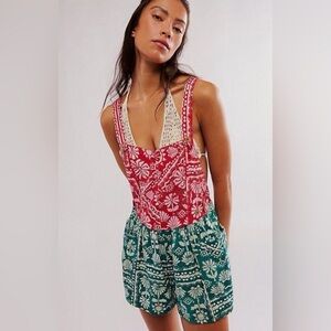 Free People Red Green Tropical Romper Size large ---Retails $128